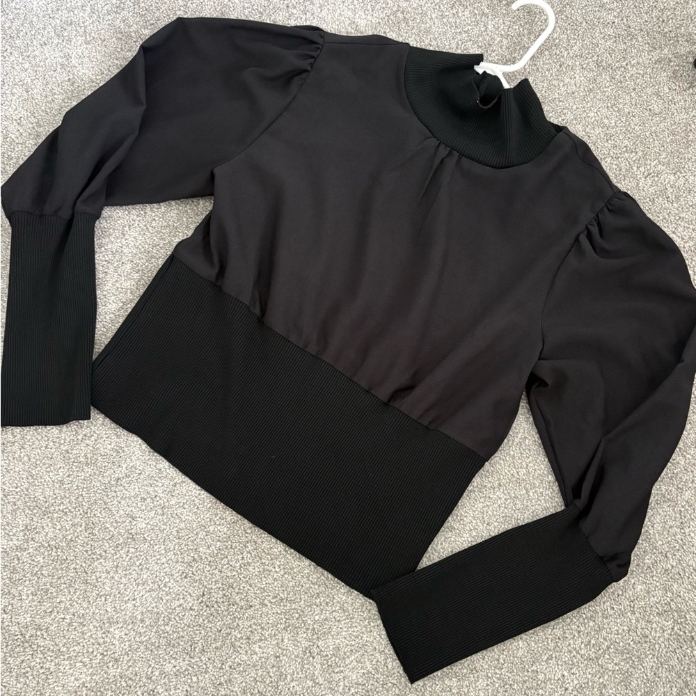 French Connection Black Rib Trim Blouse Size Large